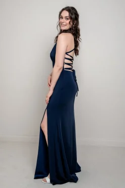 Dunkelblaues Abendkleid mit Rückenschnürung | Glam & Grace